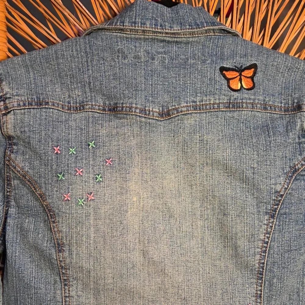 Y2K Vtg Arizona Jean Co Girl XL Denim Jacket Blue Flowers Butterfly Patches Cute